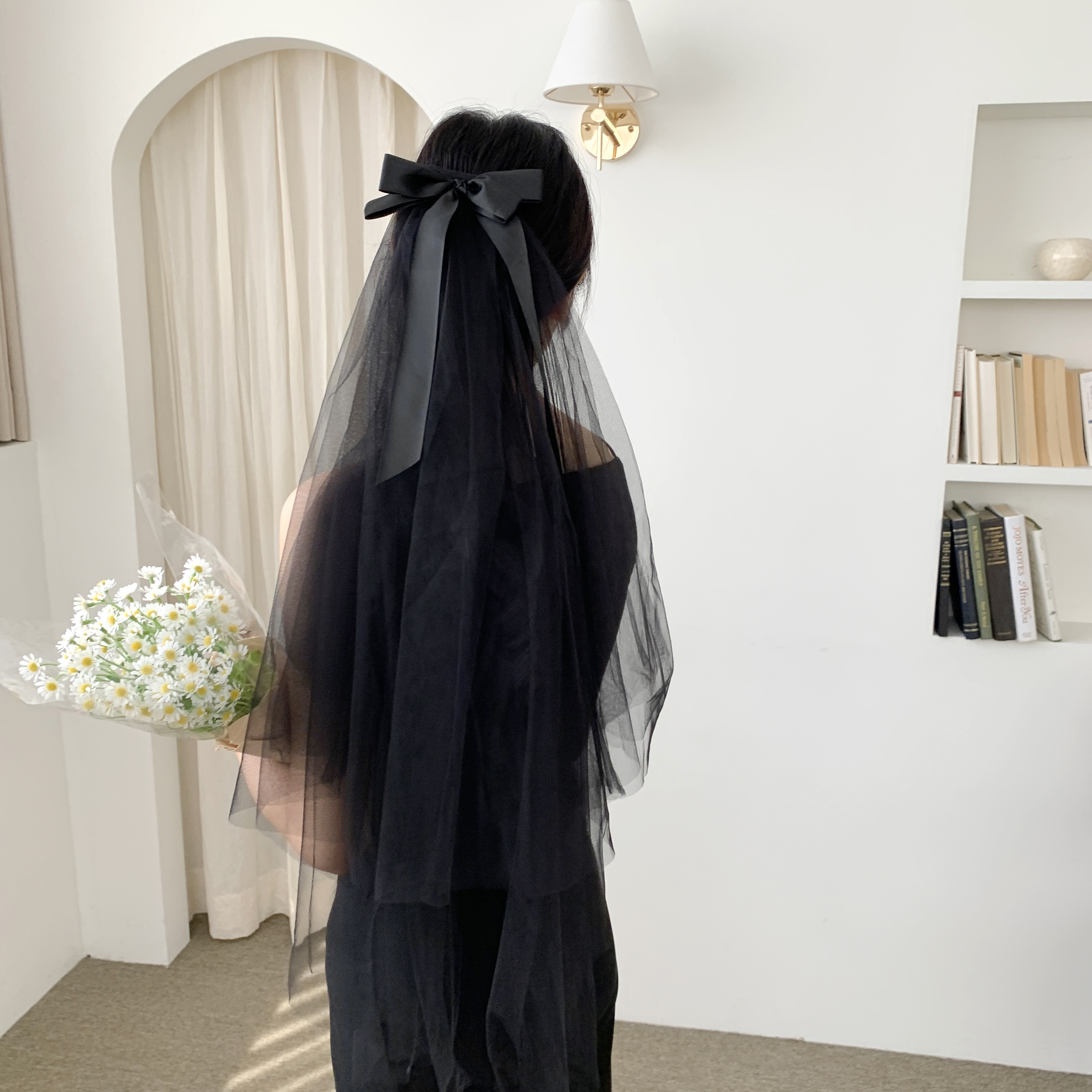 모반디 블랙 리본 베일, 셀프웨딩 브라이덜샤워 스냅촬영 헤어 소품 파티 코스튬 상세 이미지 5