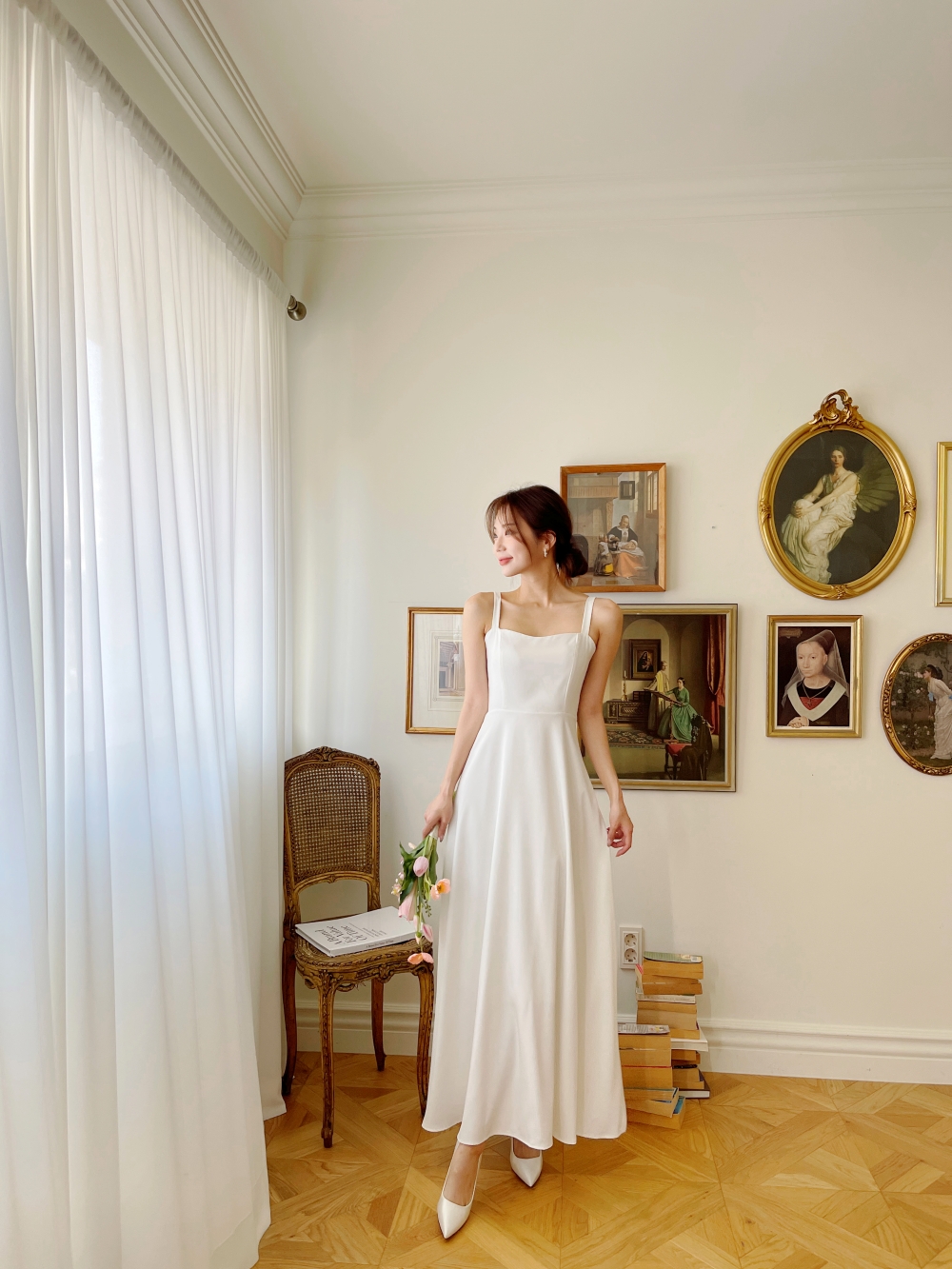 리본 화이트 원피스, 민소매 롱 A라인 플레어 셀프웨딩 드레스 브라이덜샤워 휴양지 촬영 드레스 상세 이미지 13