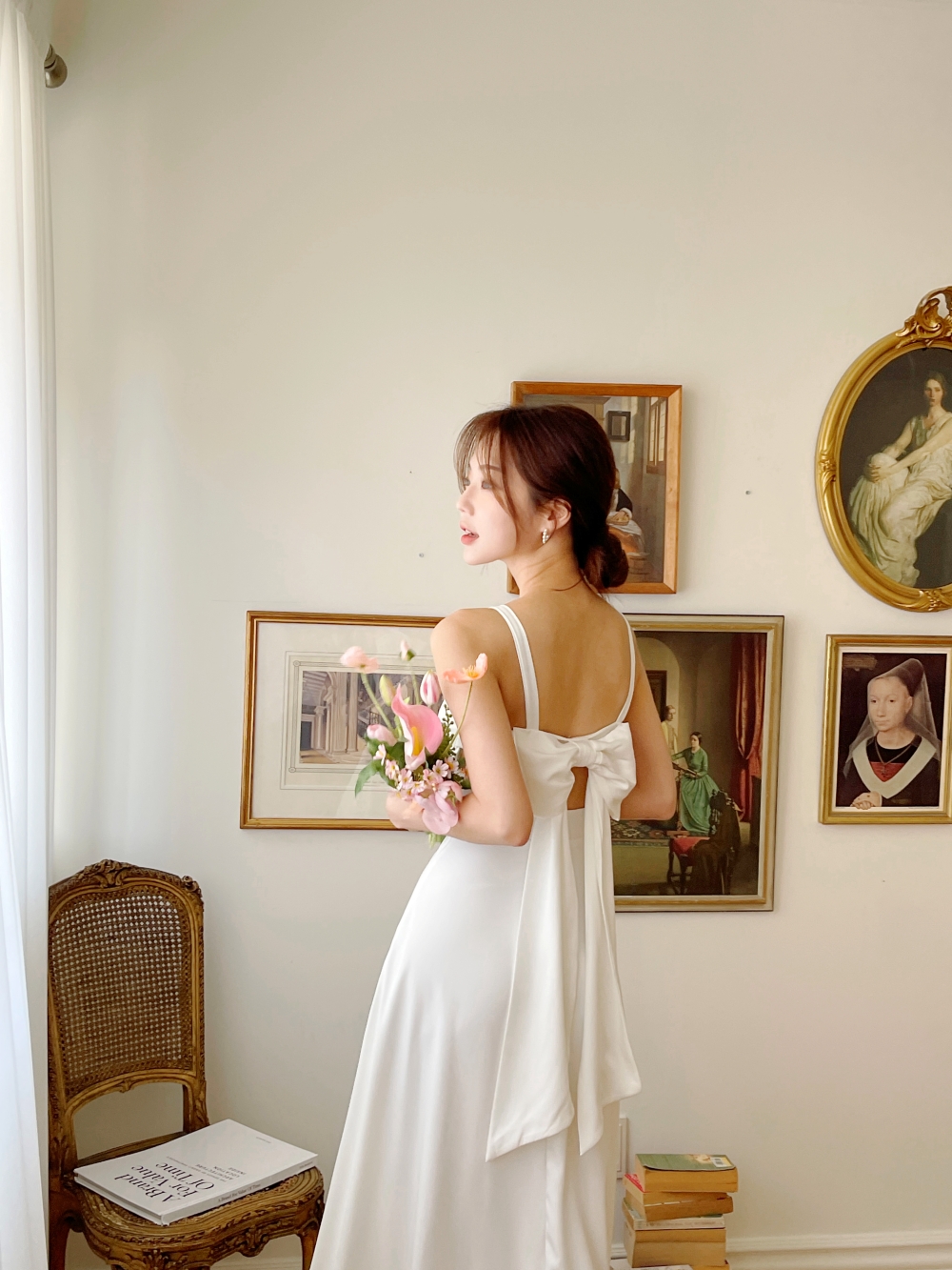 리본 화이트 원피스, 민소매 롱 A라인 플레어 셀프웨딩 드레스 브라이덜샤워 휴양지 촬영 드레스 상세 이미지 18