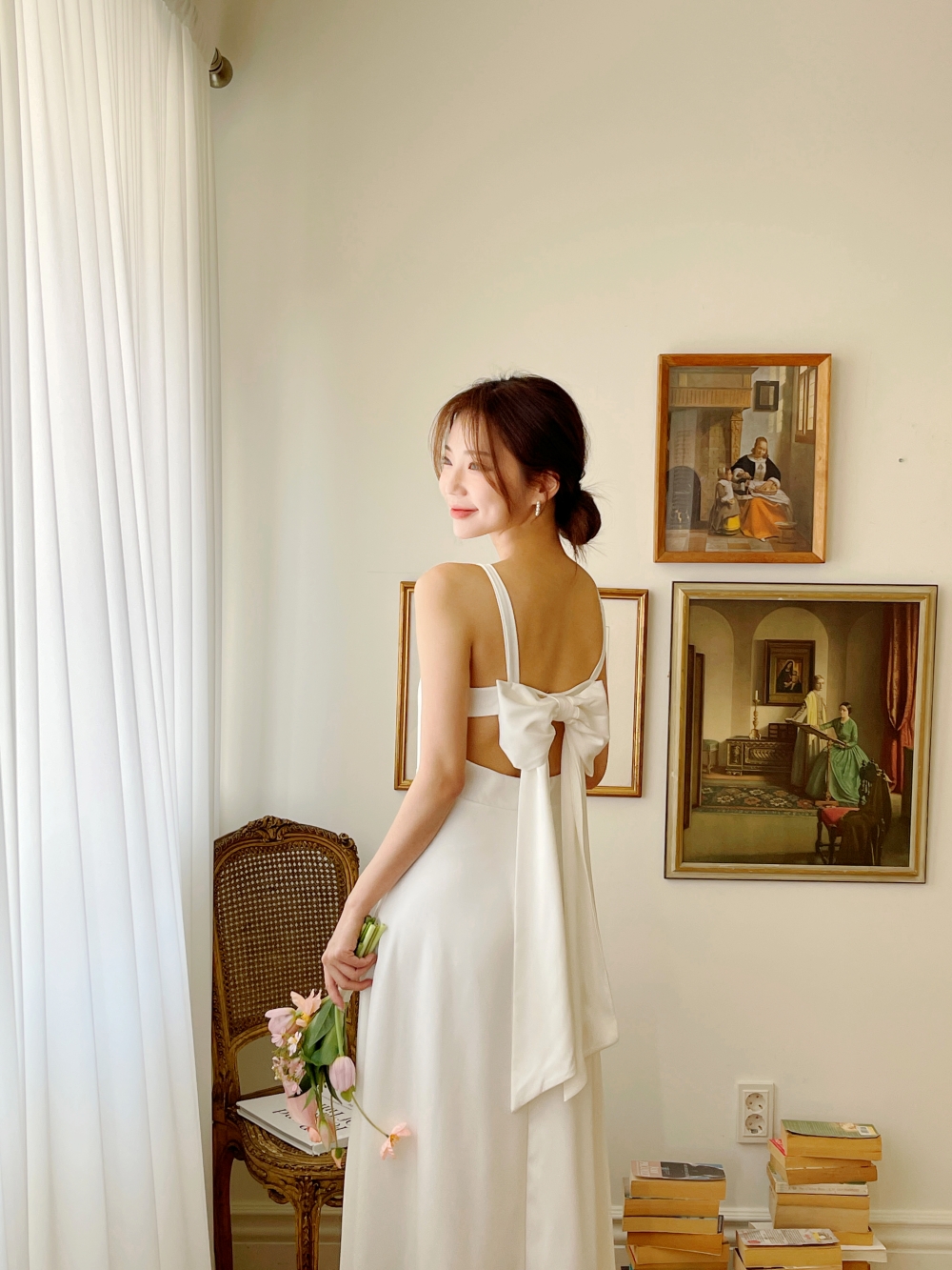 리본 화이트 원피스, 민소매 롱 A라인 플레어 셀프웨딩 드레스 브라이덜샤워 휴양지 촬영 드레스 상세 이미지 23
