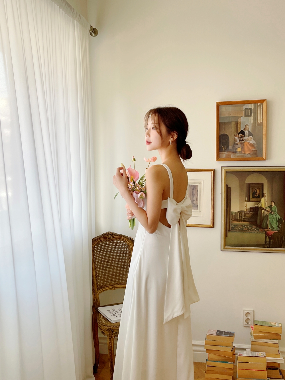 리본 화이트 원피스, 민소매 롱 A라인 플레어 셀프웨딩 드레스 브라이덜샤워 휴양지 촬영 드레스 상세 이미지 25