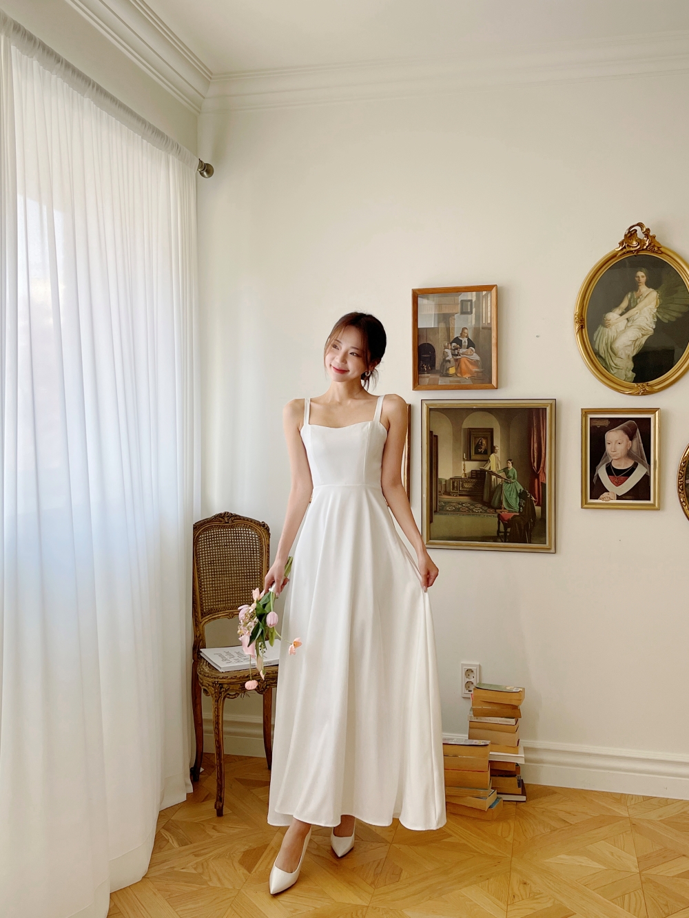 리본 화이트 원피스, 민소매 롱 A라인 플레어 셀프웨딩 드레스 브라이덜샤워 휴양지 촬영 드레스 상세 이미지 4