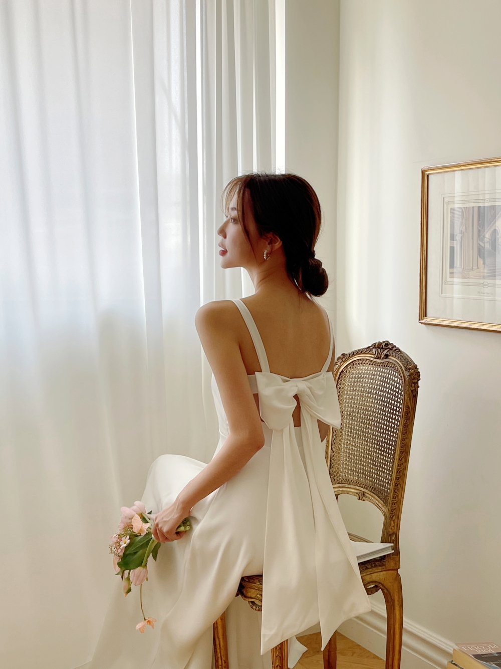 리본 화이트 원피스, 민소매 롱 A라인 플레어 셀프웨딩 드레스 브라이덜샤워 휴양지 촬영 드레스 상세 이미지 32
