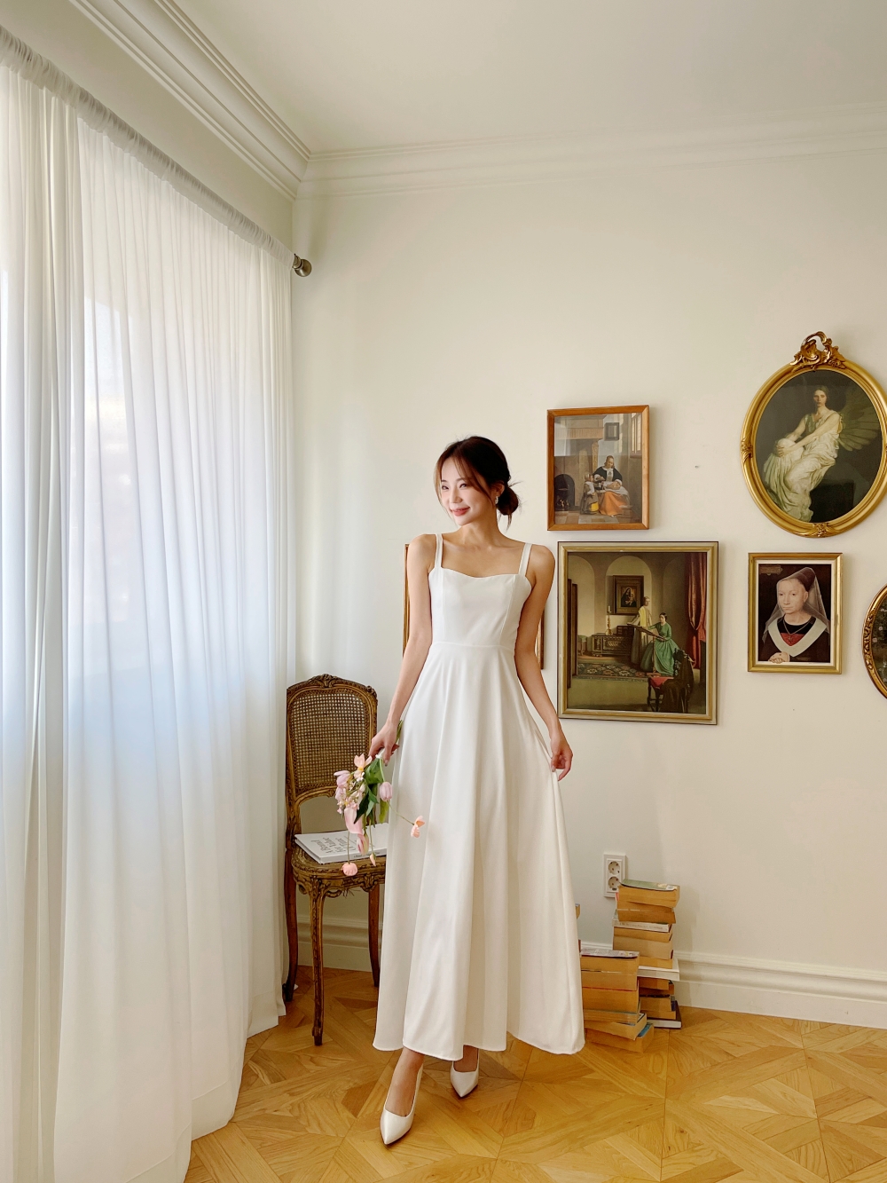 리본 화이트 원피스, 민소매 롱 A라인 플레어 셀프웨딩 드레스 브라이덜샤워 휴양지 촬영 드레스 상세 이미지 5