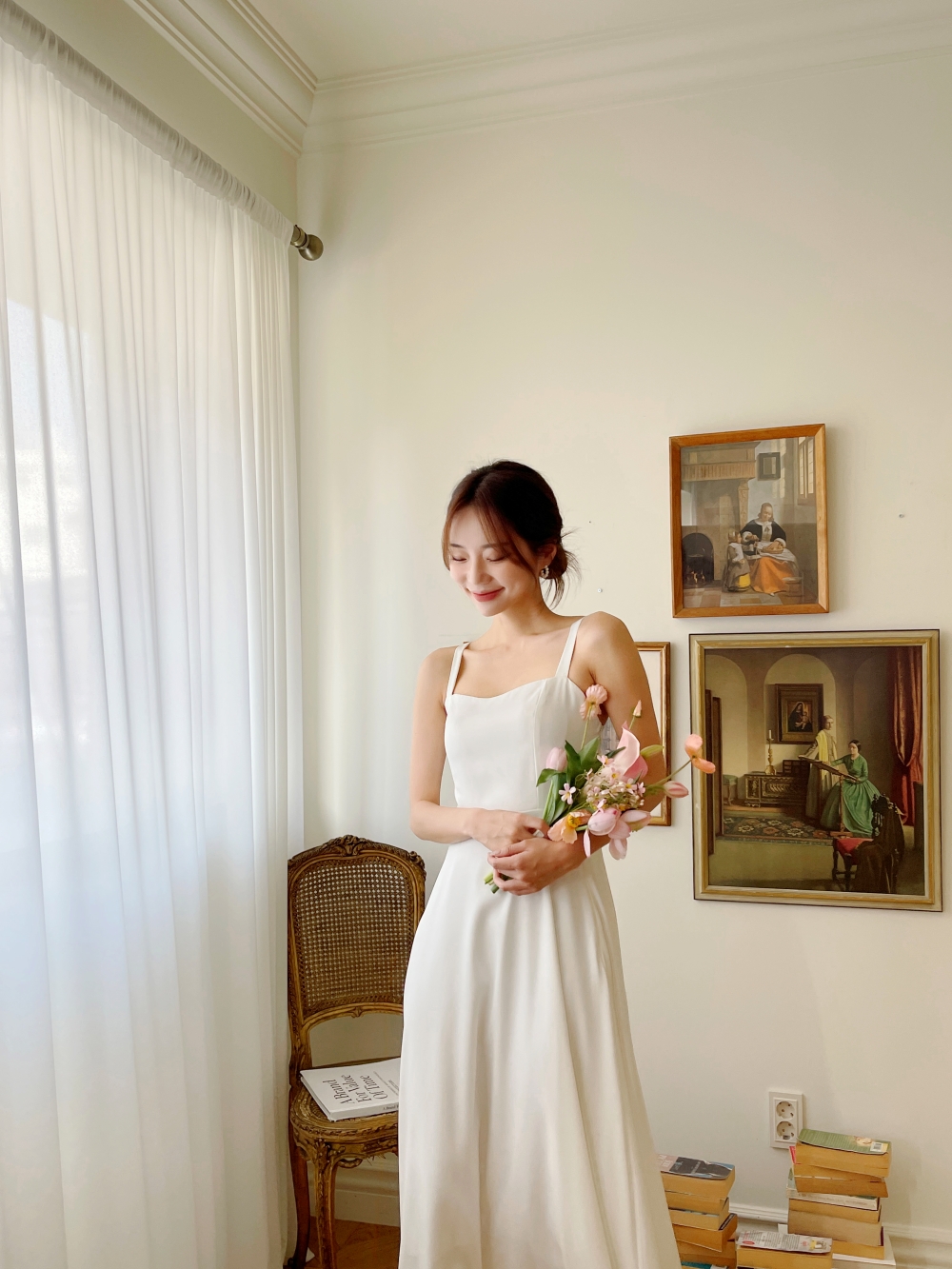 리본 화이트 원피스, 민소매 롱 A라인 플레어 셀프웨딩 드레스 브라이덜샤워 휴양지 촬영 드레스 상세 이미지 6