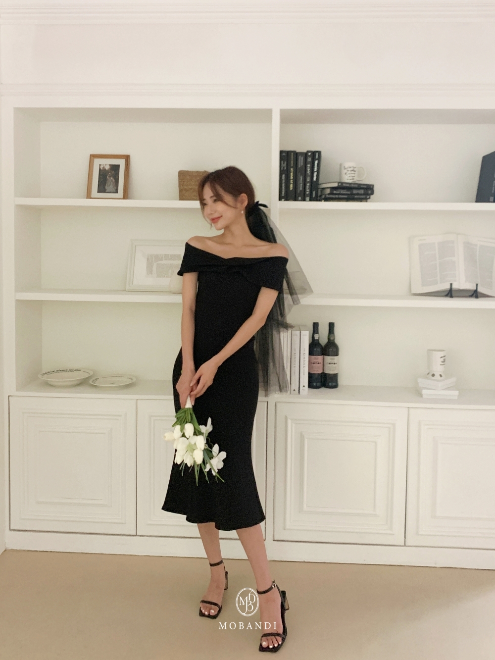 모반디 블랙 리본 베일, 셀프웨딩 브라이덜샤워 스냅촬영 헤어 소품 파티 코스튬 상세 이미지 6