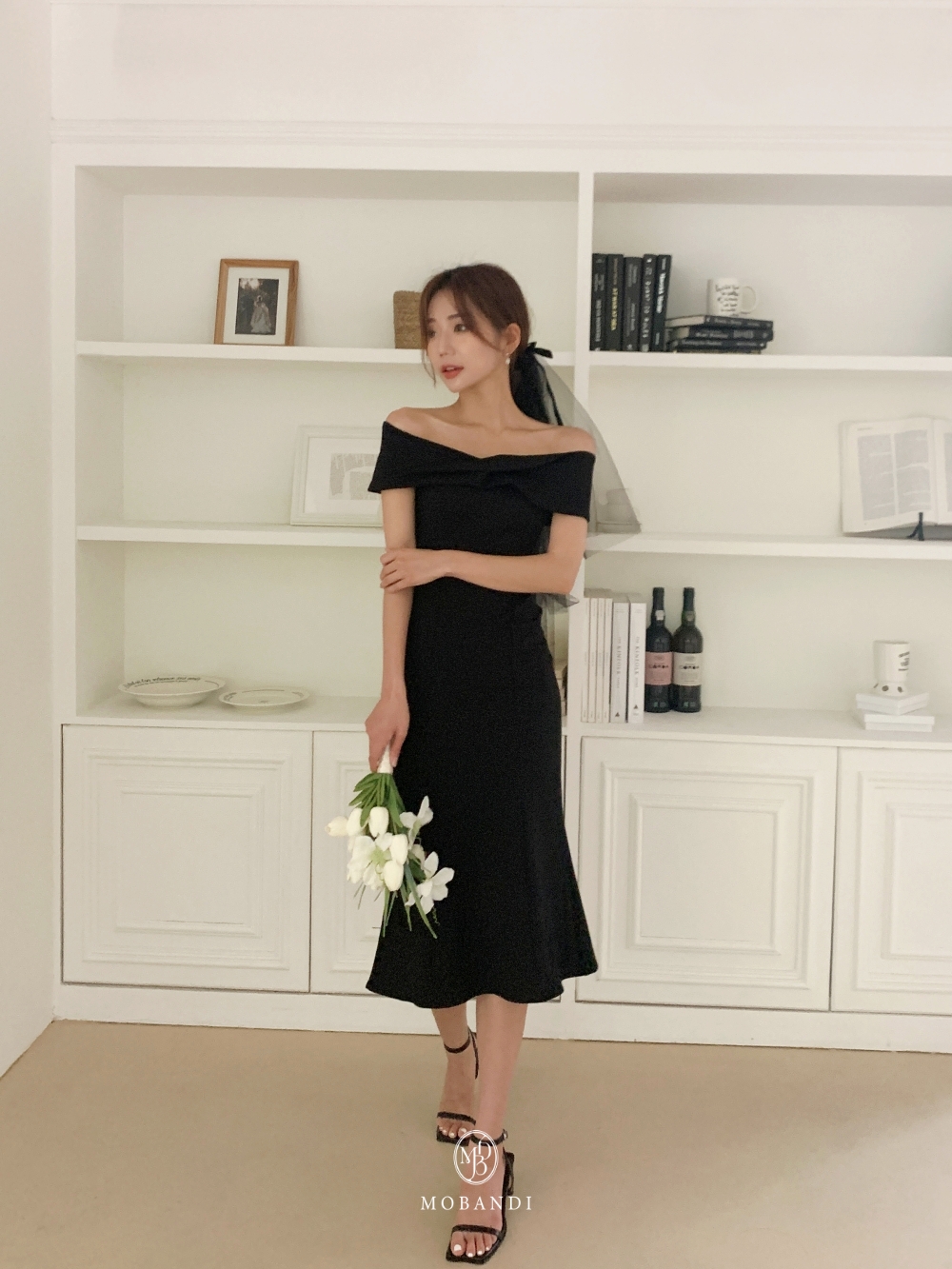 모반디 블랙 리본 베일, 셀프웨딩 브라이덜샤워 스냅촬영 헤어 소품 파티 코스튬 상세 이미지 7