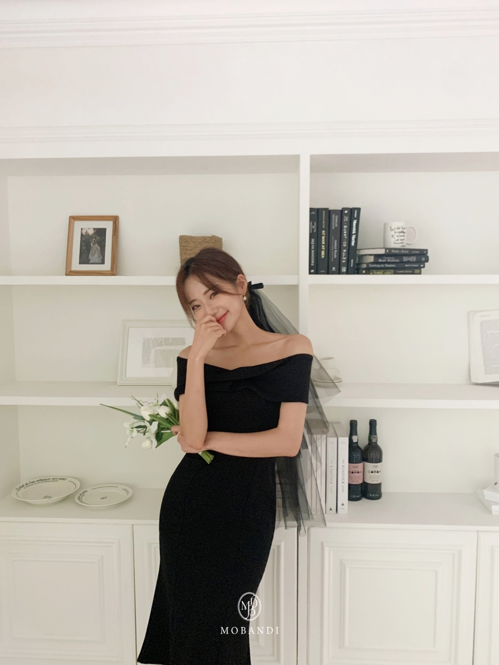 모반디 블랙 리본 베일, 셀프웨딩 브라이덜샤워 스냅촬영 헤어 소품 파티 코스튬 상세 이미지 9