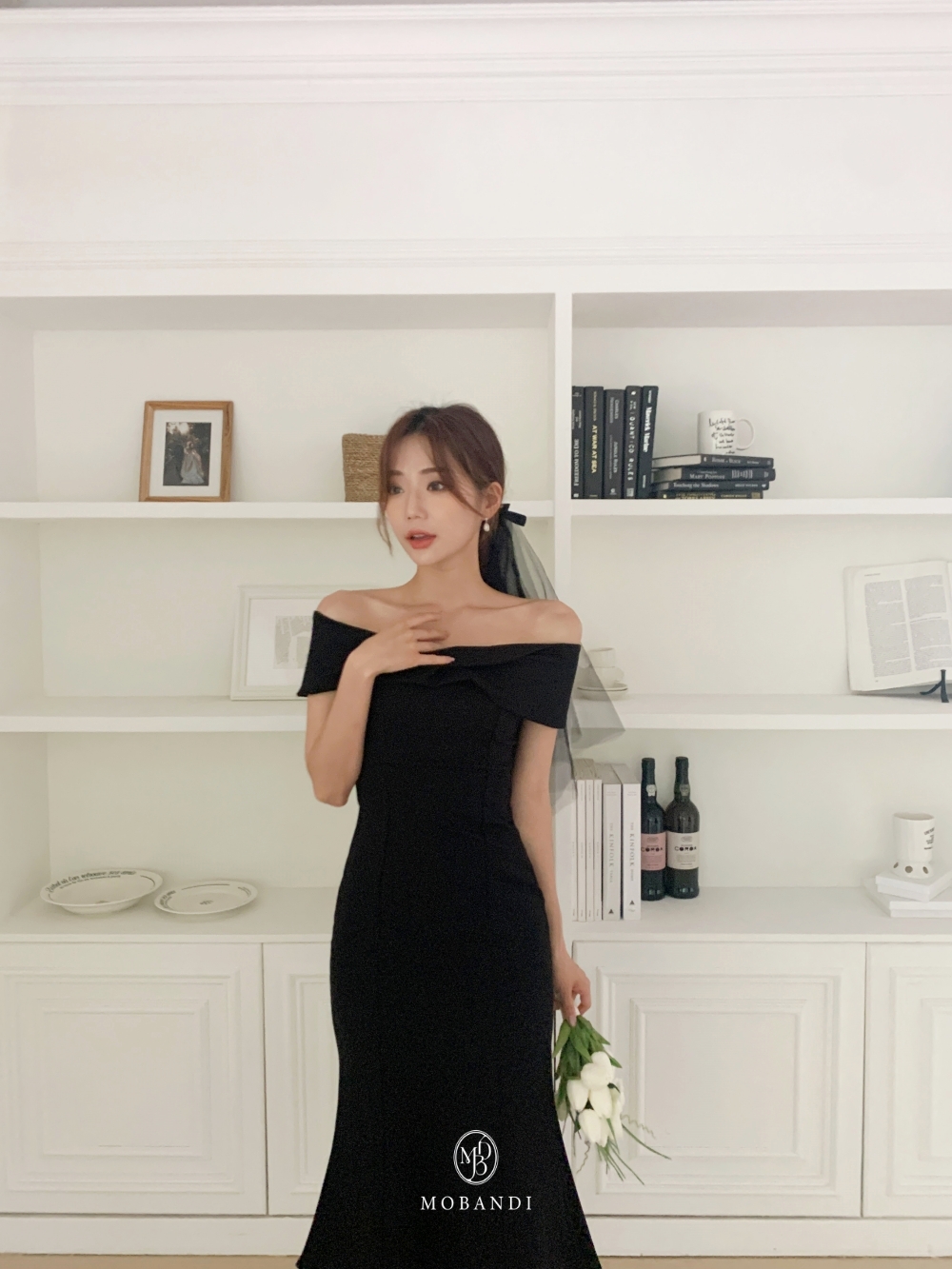 모반디 블랙 리본 베일, 셀프웨딩 브라이덜샤워 스냅촬영 헤어 소품 파티 코스튬 상세 이미지 10