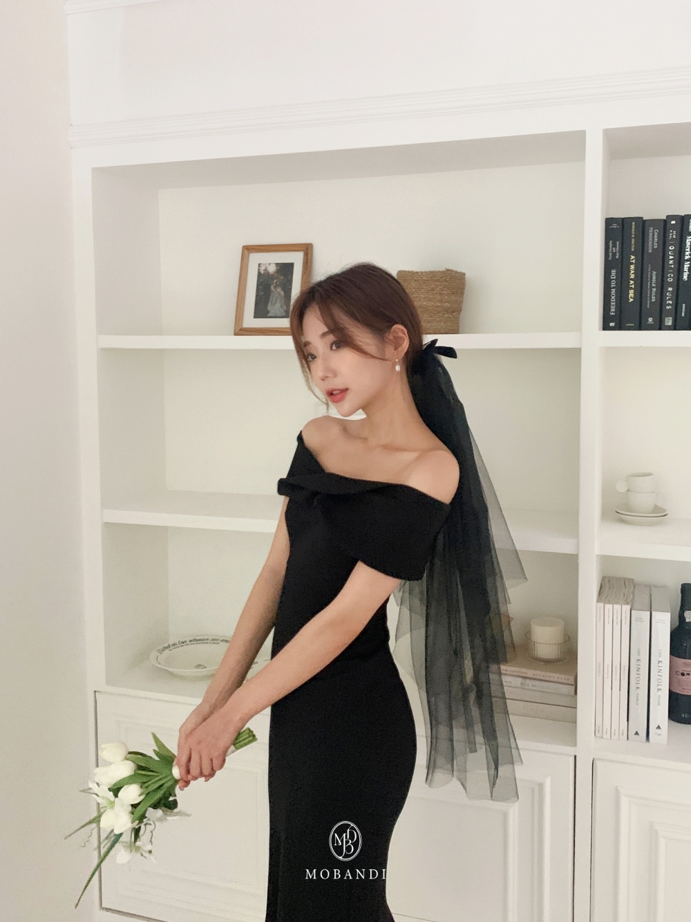 모반디 블랙 리본 베일, 셀프웨딩 브라이덜샤워 스냅촬영 헤어 소품 파티 코스튬 상세 이미지 11
