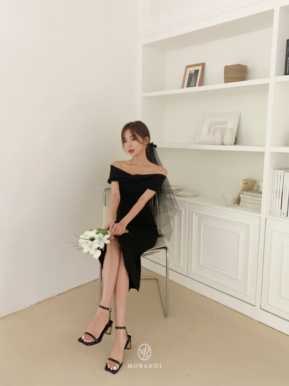 모반디 블랙 리본 베일, 셀프웨딩 브라이덜샤워 스냅촬영 헤어 소품 파티 코스튬 상세 이미지 12