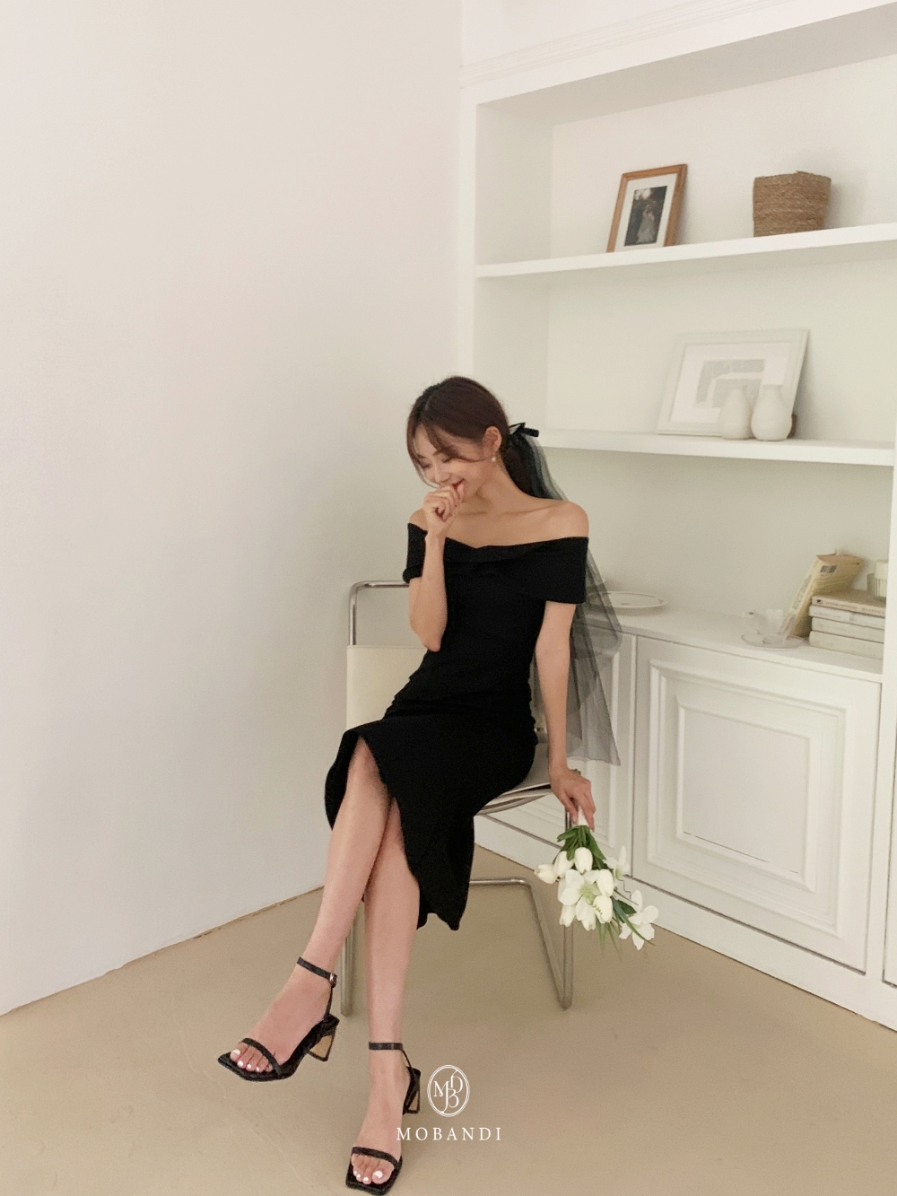모반디 블랙 리본 베일, 셀프웨딩 브라이덜샤워 스냅촬영 헤어 소품 파티 코스튬 상세 이미지 13